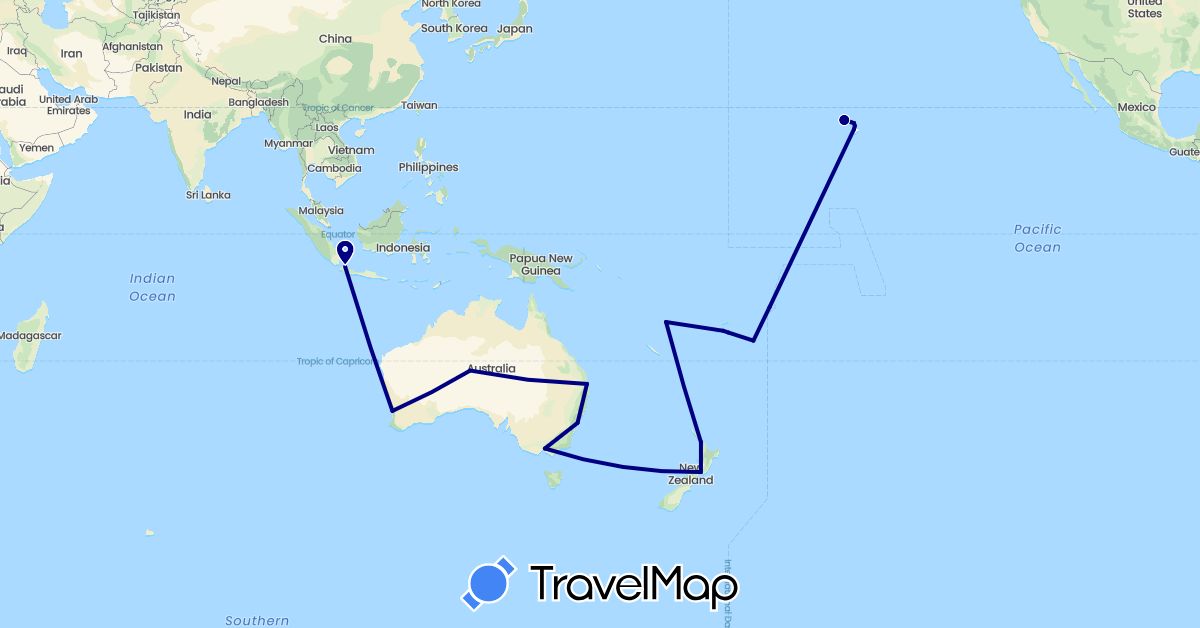 TravelMap itinerary: driving in Australia, Fiji, Indonesia, New Zealand, Tonga, United States, Vanuatu, Samoa (Asia, North America, Oceania)