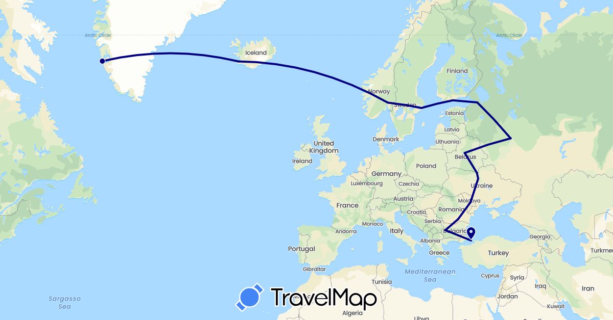 TravelMap itinerary: driving in Bulgaria, Belarus, Finland, Greenland, Iceland, Moldova, Norway, Romania, Russia, Sweden, Turkey, Ukraine (Asia, Europe, North America)